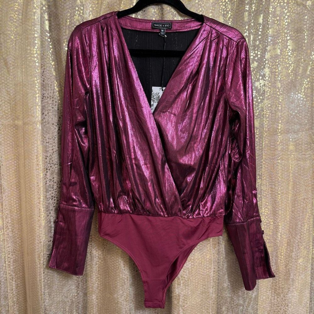 Sage + Fig Metallic Purple Pink V Neck Long Sleeve Bodysuit Med NWT